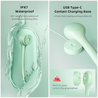 Electric Body Brush Back Scrubber for Shower, Waterproof Long Dual Handle Power Body Scrubber with 3 Heads, Rechargeable Bath Brush & 2 Speeds, for Cleansing, Exfoliating and Massaging Skin