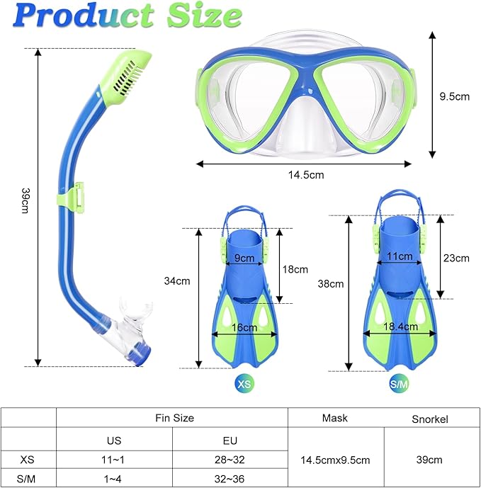 Kids Mask Fins Snorkel Set, Dry Top Snorkeling Gear for Kids Youth Boys Girls Junior Age 5-15 Tempered Glass Snorkel Mask Set Panoramic View Snorkeling Packages
