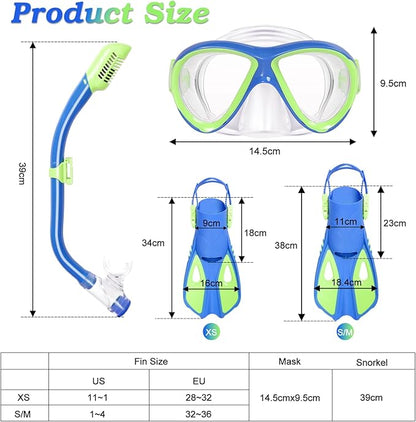 Kids Mask Fins Snorkel Set, Dry Top Snorkeling Gear for Kids Youth Boys Girls Junior Age 5-15 Tempered Glass Snorkel Mask Set Panoramic View Snorkeling Packages