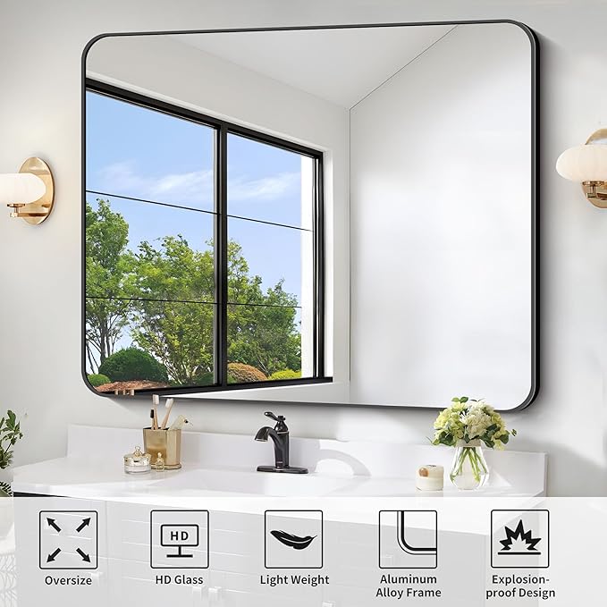 FORBATH Black Bathroom Mirror 40 x 48 Inch, Rectangular Vanity Mirror Wall Rounded Corner Metal Framed Bathroom Mirror for Living Room Bedroom Entryway Decor (Horizontal/Vertical)