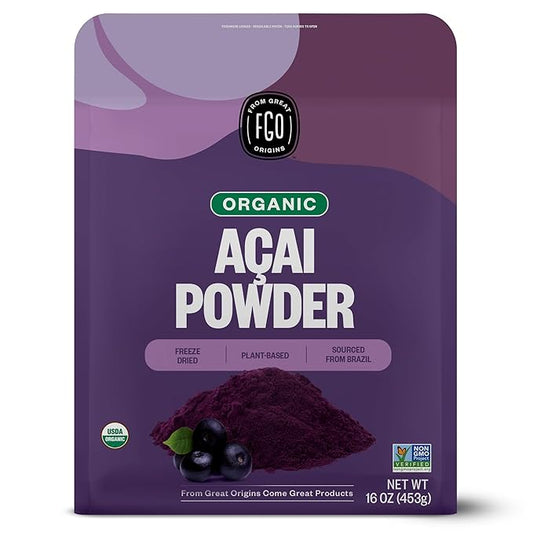 FGO Organic Acai Powder, 1 Pound / 16oz Bulk Resealable Pouch, Freeze Dried Superfood Berry from Brazil, No Sugar & Additives,Great for Drinks, Smoothie, & Beverages, Non-GMO (Pack of 1)