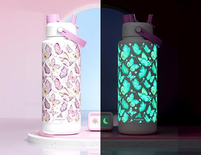 40 oz Insulated Water Bottle with 2-in-1 Straw and Spout Lid, Glow-in-the-Dark, 24H Cold, Leakproof, BPA-Free, Double Wall Stainless Steel for Sports, Gym, Travel, and School (Luminous Flutter)