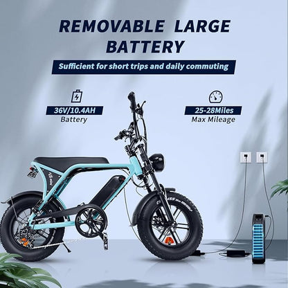 Electric Bike for Adults, Fat Tire EBike, 36V 10.4Ah Removable Battery, 500W Upgrade Motor, 20MPH Commuter Bike, V8 Mini Electric Bicycle for Mountains, Snow, Sand, Road