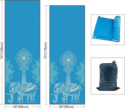 QiyI Yoga Mat Towel with Corner Pockets, Non Slip Sweat Absorbent Hot Yoga Towels, Soft Yoga Blankets with Travel Bag, Skidless Mat Cover for Workout, Gym, Fitness - 70"x26", Blue Mandala Elephant