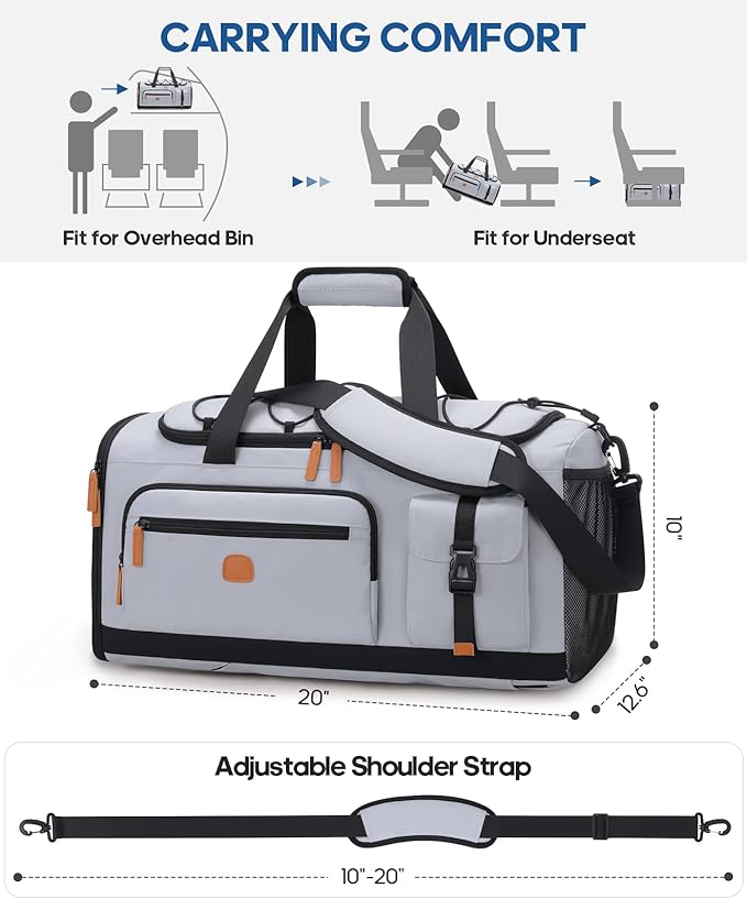 Gym Bag for Men and Women with Shoe & Laptop Compartment, 3-in-1 Sports Travel Duffel Bag Anti-Theft Weekender Carry-On Backpack for Airplane & Workout, Overnight Travel Bag,35L (Light Grey, Medium)