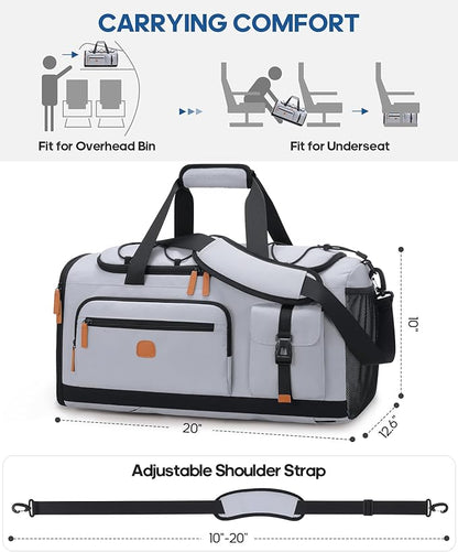 Gym Bag for Men and Women with Shoe & Laptop Compartment, 3-in-1 Sports Travel Duffel Bag Anti-Theft Weekender Carry-On Backpack for Airplane & Workout, Overnight Travel Bag,35L (Light Grey, Medium)