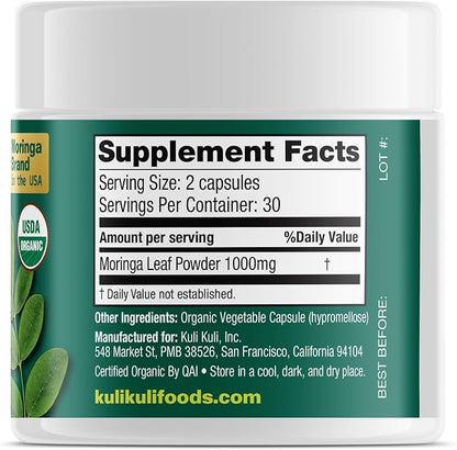Kuli Kuli Organic Moringa Capsules [60 Count] - Premium Moringa Leaf Powder Capsules - Nutrient-Dense Superfood for Energy, Vitality, and Wellness