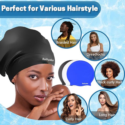 3 Pack Extra Large Swim Cap for Braids & Dreadlocks - Waterproof Silicone Swim Hat for Women with Long Thick Hair, Protective Swim Cap Cover Ears for Swimming, Shower, Bathing