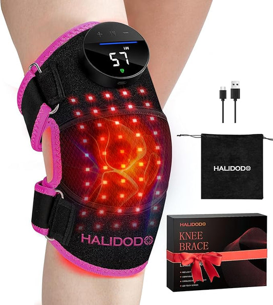 HALIDODO Red Light Therapy & Vibration Massage Knee Brace - Wireless Rechargeable Controller, 660nm&850nm Red Light Therapy Heated Device for Knee/Joint/Elbow/Shoulder Pain Relief, Rose Pink.