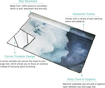QiyI Yoga Mat Towel with Corner Pockets, Non Slip Sweat Absorbent Hot Yoga Towels, Soft Yoga Blankets with Travel Bag, Skidless Mat Cover for Workout, Gym, Fitness - 70"x26", Watercolor Mountain