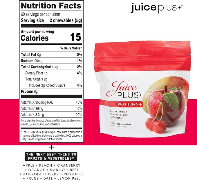 Juice Plus+ Fruit, Vegetable & Berry Blend Soft Chews (Chewables) - 30 Plant-Based Ingredients! Vegan Gummies for Kids & Adults - Gluten-Free, Non-GMO - Prepacked 3 Pouches - 30 Adult Servings Each