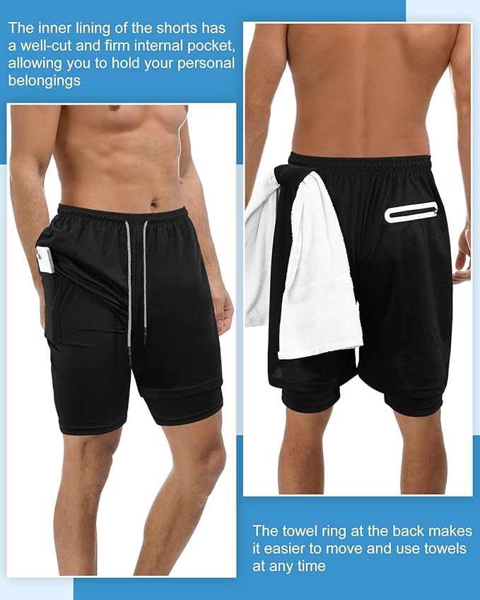 Sureio 3 Pcs Men's 2 in 1 Running Shorts 7 Inch Quick Dry Athletic Workout Shorts with Liner Phone Pockets Towel Loop