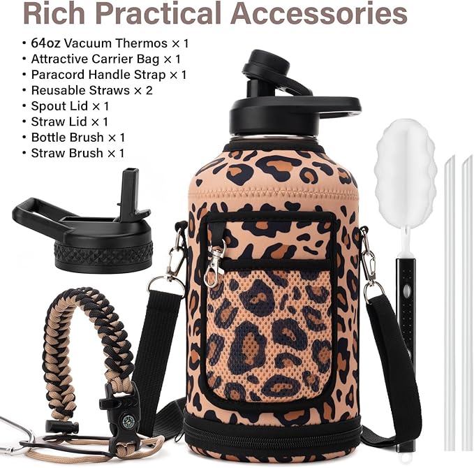 Insulated Water Bottle | Thickened Stainless Steel Vacuum Metal | Portable Sports Half Gallon Large Water Jug for Gym and Hiking with Straw, Carrier Bag, Handle Strap | BPA-Free 64 oz