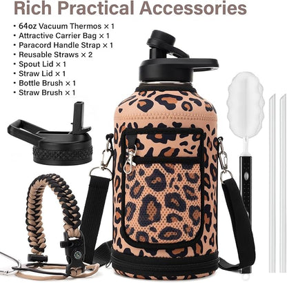 Insulated Water Bottle | Thickened Stainless Steel Vacuum Metal | Portable Sports Half Gallon Large Water Jug for Gym and Hiking with Straw, Carrier Bag, Handle Strap | BPA-Free 64 oz