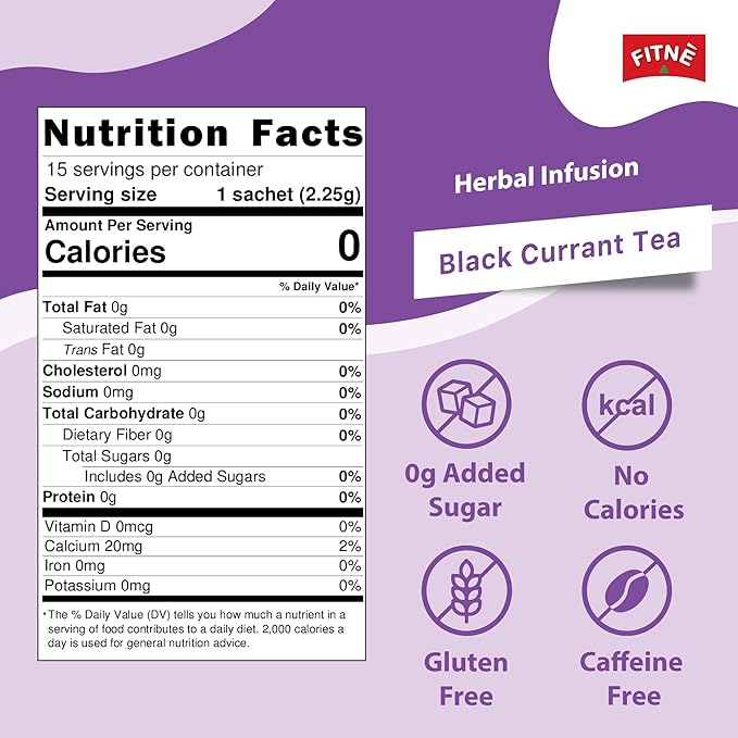 FITNE Black Currant Herbal Green Tea Fruity Garcinia Senna Infusion Gentle Detox Cleansing Boost Antioxidant Wellness Tea No Calories, 15 Tea Bags