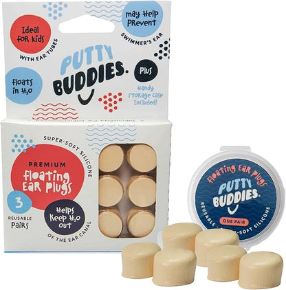 Earvolution Floating Putty Buddies Ear Plugs for Swimming - Invented by an Ear Physician - Moldable, Premium, Silicone - Floats on Water - Waterproof - Made in The USA- 3 Pack - Tan