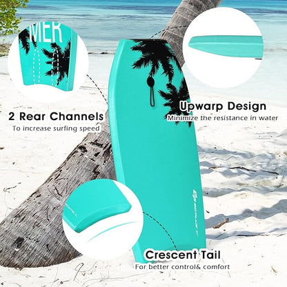 KOTEK 33/37/41 Inch Body Board with Wrist Leash, EPS Core, Dual Channel, HDPE Slick Bottom, Bodyboard for All Skill Levels & Wave Conditions