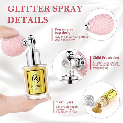 Holographic Body Glitter Spray - Shimmering Hair, Face & Body Sparkle for Festivals, Clothes, Nail Art Crafts Design & Special Events Makeup (Gold)