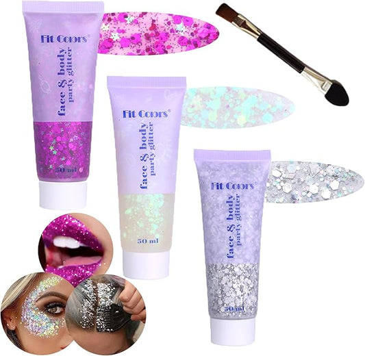 Body Glitter Face Glitter Gel: Singer Concerts Disco Festival Rave Accessories Face Glitter Makeup 150ml Chunky Sequins Mermaid Face Body Hair Glitter Gel (White&Silver&Purple)