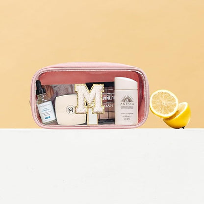 Large Personalized Initial Letter Clear Makeup Bag, Nylon Preppy Patch Makeup Bag Chenille Letter A-Z TSA Approved Travel Toiletry Bag Cute Zipper Makeup Organizer for Women Men (Pink, M)