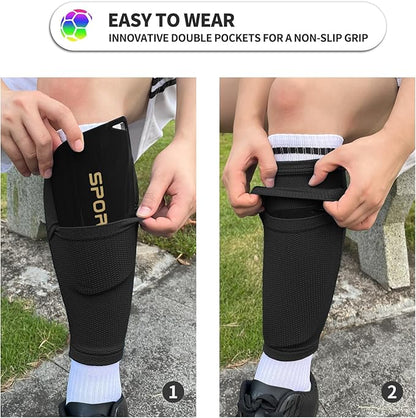 Kids Youth Soccer Shin Guards with Sleeves, Slip in Shinguards Soccer Shin Pads for 3-15 Years Old Boys Girls Child Teens