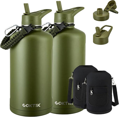 2 Pack 128 oz Insulated Water Bottle, Triple Wall Stainless Steel Flask, Keeps Drinks Cold for 48 Hrs Leak-Proof & BPA-Free Half Gallon Jug with Paracord Handle, Straw & Spout Lids(2 pack, Army Green)