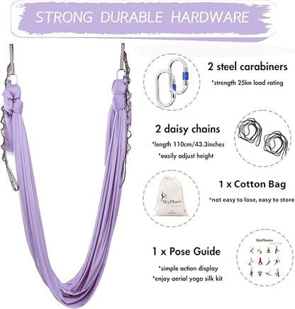 5.5 Yards Aerial Silks Yoga Swing Set - Aerial Yoga Hammock Kit Anti-Gravity Flying for Fitness, Low/Non Stretch Nylon Tricot Fabric Hardware Included for Dance
