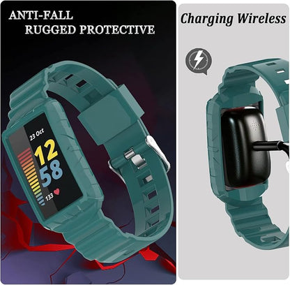 NINKI Green Sport Band Compatible Silicone Fitbit Charge 5/4/3 SE Band with Case,All In One Case with Band for Fitbit Charge 5 Bands for Men Fitbit Charge 4 Band Waterproof Charge 3 Bands for Women