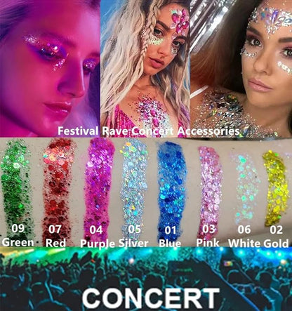 Go Ho White Pink and Blue Body Glitter Set,Singer Concerts Face Glitter Gel Makeup,Holographic Long Lasting Chunky Sequins Glitters for Eye Lip Hair Nails,Festival Rave Accessories