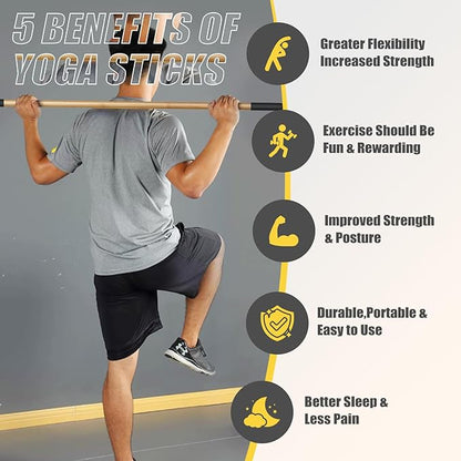 Bamboo Stretch Yoga Stick, 5ft/149 cm, Flexibility Stick for Physical Therapy, Premium Yoga Dowel with Super Sturdy Rubber Handle Ends, Exercise Bar for Posture Corrector