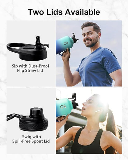 Trebo Half Gallon Water Bottle Insulated with Handle, 64 oz Double Wall Stainless Steel Metal Large Jug, Travel Flask with Straw Spout Lid, Mug Tumbler Cup with Carry Pouch, Keep Cold Hot, Blue