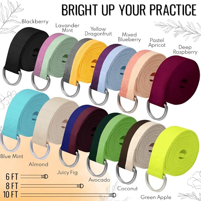 TECEUM Yoga Strap & Mat Strap – 2 IN 1 – Cotton – 6 ft 8 ft 10 ft (30+ colors) – Adjustable Non-Slip Belt for Yoga, Pilates, Stretching, Physical Therapy, Fitness & Home Workout – For Carrying Mats