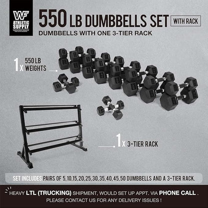 WF Athletic Supply Rubber Encased Hex Dumbbells with Rubber Grip Contoured Handle for Muscle Toning, Strength Building & Full Body Workout