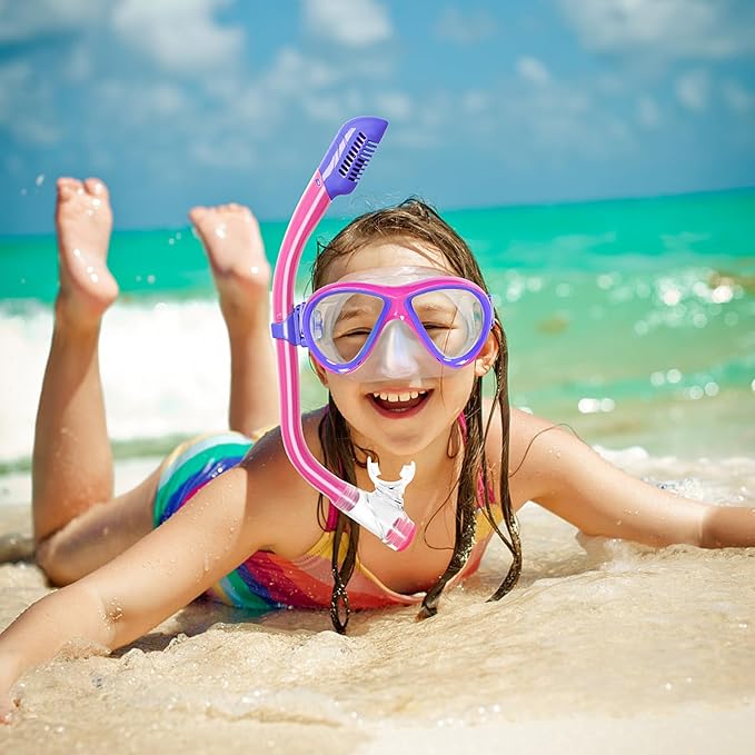 Kids Mask Fins Snorkel Set, Dry Top Snorkeling Gear for Kids Youth Boys Girls Junior Age 5-15 Tempered Glass Snorkel Mask Set Panoramic View Snorkeling Packages