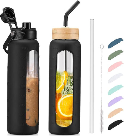 Kodrine Water Bottle with Straw, 24 oz Glass water Bottle with 2 Lids Bamboo Straw Lid and Spout Lid with Handle, 32 oz Clear Water Bottle Glass for Sports Travel, Waterbottle with Time Marker