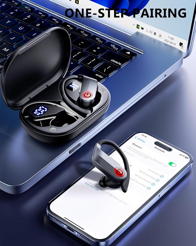 EUQQ Ear Buds Wireless Bluetooth Earbuds, Noise Cancelling Headphones 120H Playtime，IPX7 Waterproof Sports with Earhooks,LED Display Wireless Earphones for Running Gym Workout-Black