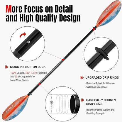 Kayak Paddles with Fiberglass Shaft and Reinforced PP Blade, Floating Adjustable Kayaking Oars, 3 Piece, 220-240 cm/86-94 Inches, 240-260 cm/94-102 Inches