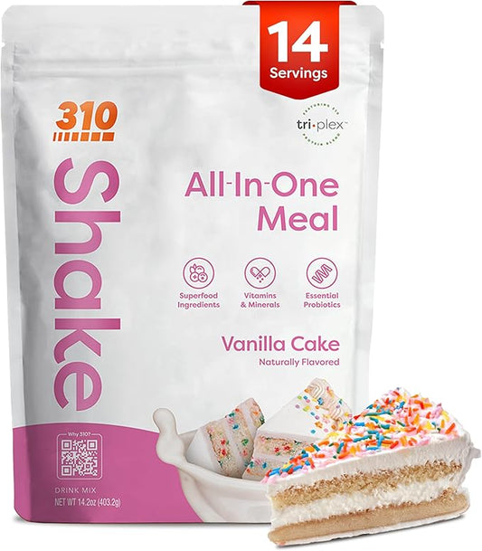 310 Nutrition All-In-One Meal Replacement Shake Powder - Plant-Based Protein Smoothie Blend w/High Fiber, Probiotics & Adaptogens - Low Carb, Vegan, Keto & Paleo Friendly - Vanilla Cake - 14 Srv