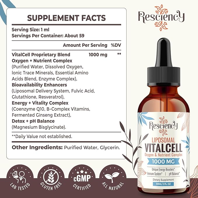 13-in-1 Liquid Oxygen & Nutrient Supplement for Energy, Altitude Support, Performance, Antioxidant, Immune, Fatigue & Detox, Liposomal for High Absorption, pH Balance, Organic, Gluten Free, 4 Fl Oz