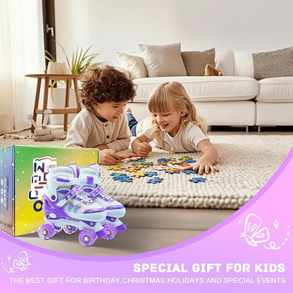 Kids Roller Skates for Girls-Outdoor 4 Size Adjustable Butterfly Quad Rollerskates for Indoor Ages 3-12 Years Beginners Children's Birthday Gift with Light Up Wheels patines para niñas Indoor