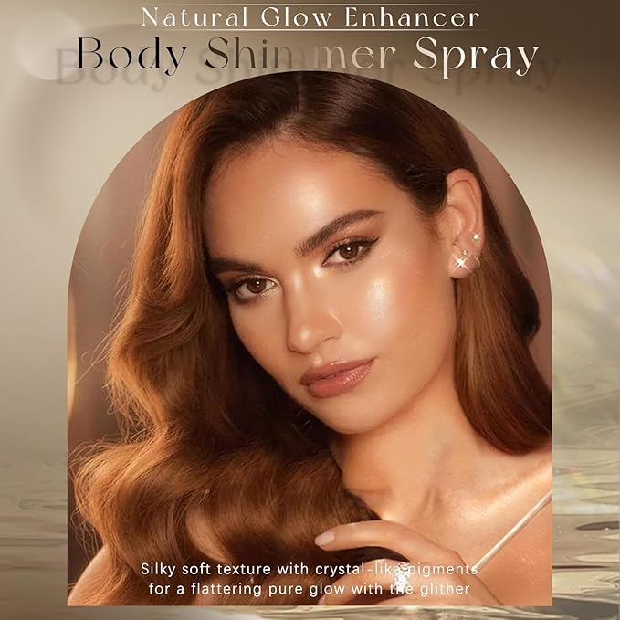 Body Glitter Spray, Moisturizing Bronze Body Shimmer Luminizer Glow Illuminator Quick-Drying and Non-Sticky Liquid Highlighter Spray for Face Hair Glitter, 60ML -Rose Gold