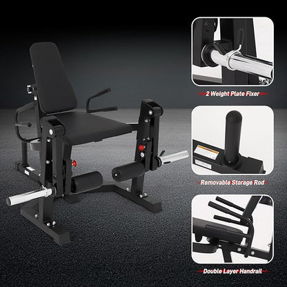 3 in 1 Leg Extension & Curl Machine, Separation Single Leg Extension, Stand Leg Curl, Leg Workout, Adjustable Bench, Plate Storage Rod, Compatible with 1'' & 2'' Weight Plates