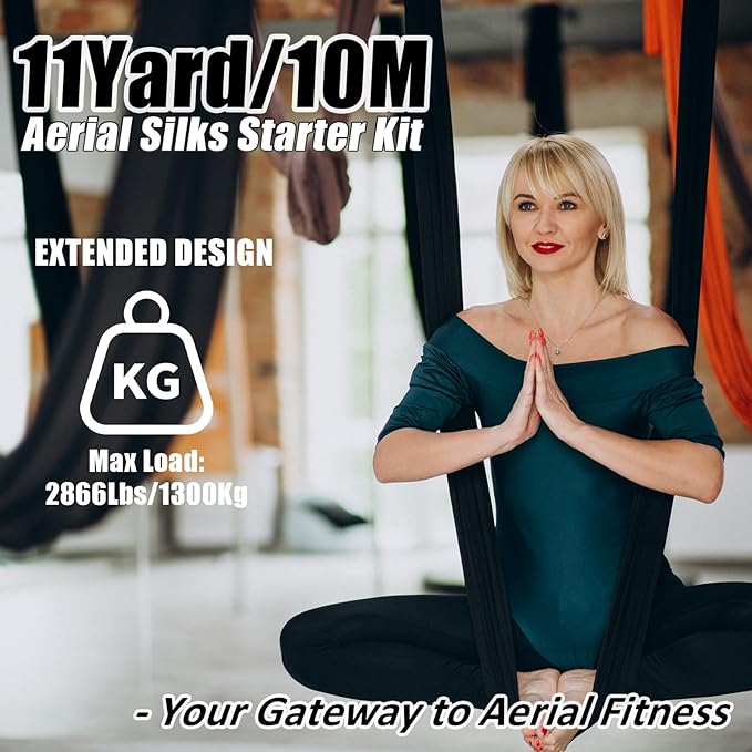 Aerial Silks Kit & Aerial Yoga Hammock - 11Yd Premium Fabric Hardware - Easy Setup for Flying Yoga, Aerial Swing & Fitness - Supports Up to 14ft Rigging