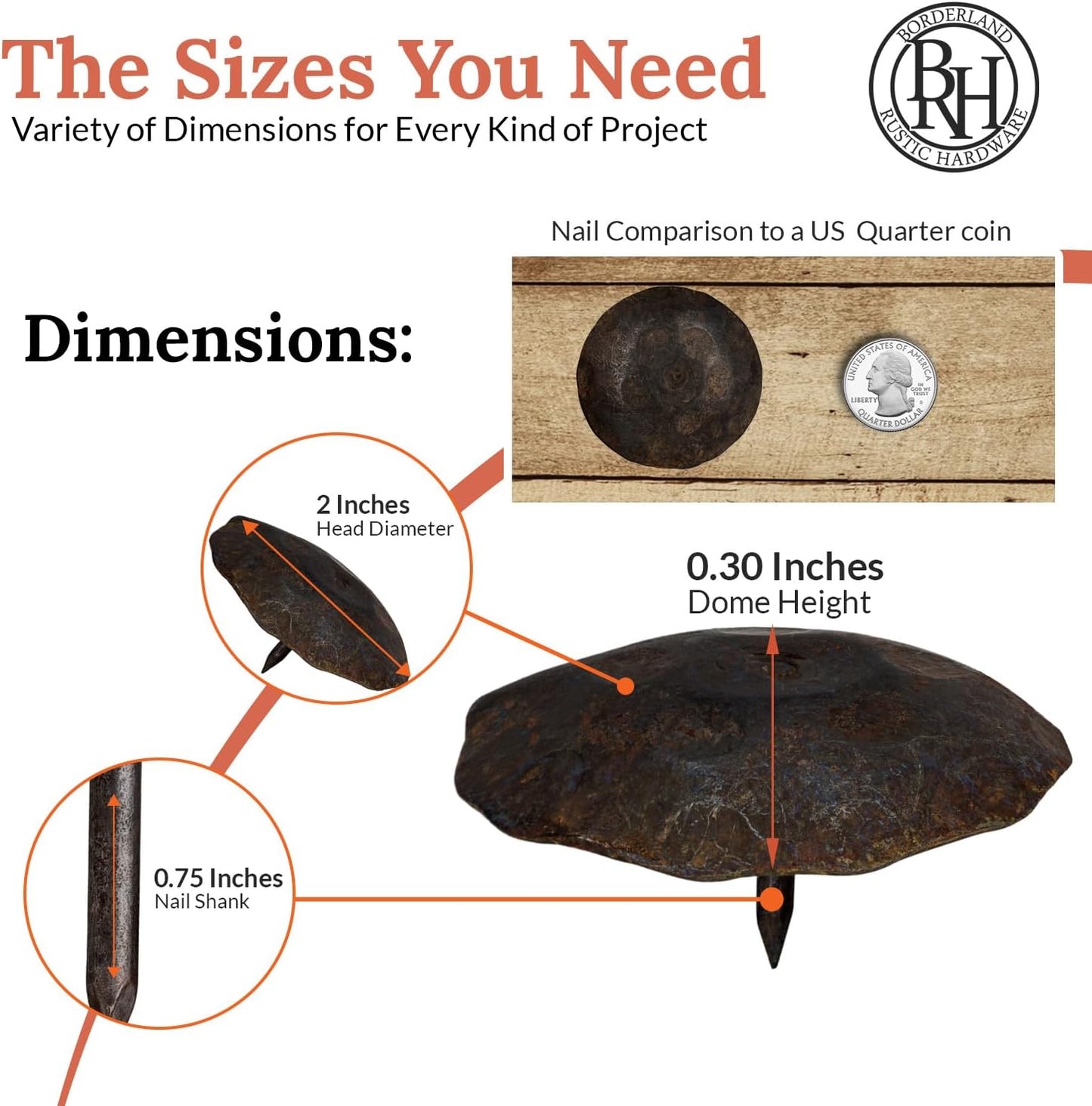 10 Pack 2" Round Head Iron Clavos Decorative Nails – Unfinished – Handmade Rustic Round Fasteners for Farmhouse Shutters, Faux Wood Beams, Barn Doors, Shutters, Gates – Ornamental Wood Accent