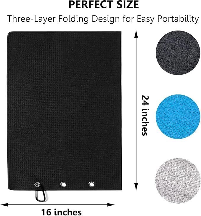 3 Pack Large Golf Towels, 16" x 24" Tri-Fold Portable Microfiber Fabric Waffle Pattern Golf Towel for Golf Bag with Carabiner Clip to Quickly Remove Sand, Mud, Dirt and Sweat