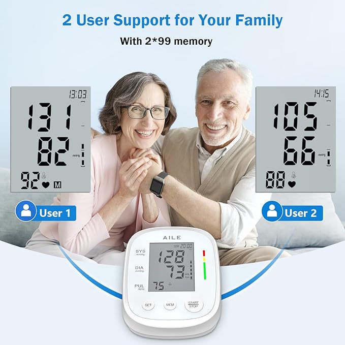 Blood Pressure Monitor, AILE Blood Pressure Machine Upper Arm Large Cuff(8.7"-16.5"), High Automatic Blood Pressure Monitors Cuff for Home Use, (BP) Manual Arm Blood Pressure Monitors, 2 * 99 Memory