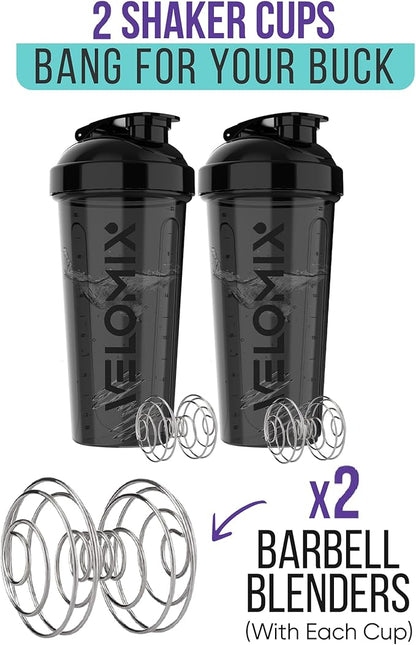 '-2 Pack- 28 oz Protein Shaker Bottles for Protein Mixes - 2x Wire Whisk | Leak Proof Shaker Cups for Protein Shakes | Protein Shaker Bottle Pack | Shakers for Protein Shakes - 2xBlack
