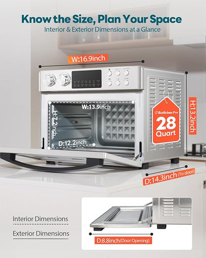 28QT Air Fryer Toaster Oven Combo, Large 12-in-1 Convection Countertop Oven with Next-Gen HeatWave Convection, 3-Layer Cooking, Rotisserie for Chicken, Fits 11" Pizza, Full Accessorie, Stainless Steel