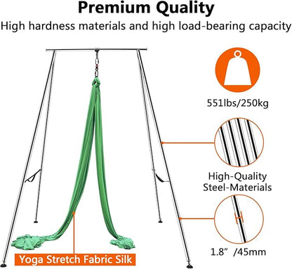 TECSPEC 9.6 FT/115.3 Inch Adjustable Height Aerial Yoga Frame & Hammock, Professional Swing Stand with 18 FT/33FT Aerial Silk, 550lbs Max Capacity