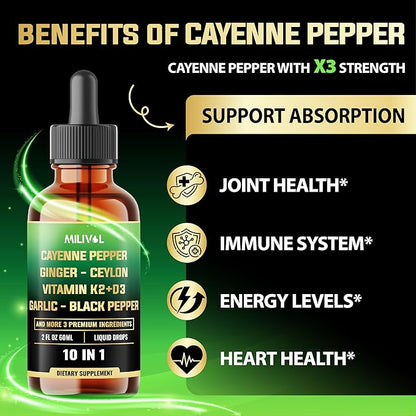 10in1 Cayenne Pepper Liquid Drops + Ginger, Ceylon Cinnamon, Vitamin D3, Vitamin K2, Garlic, Black Pepper and More - Digestion Support - 2 Fl Oz - 2 Months Supply